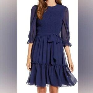 Rachel Parcell Navy Blue Dress Smocked Top Sheer Sleeves Ruffle Skirt